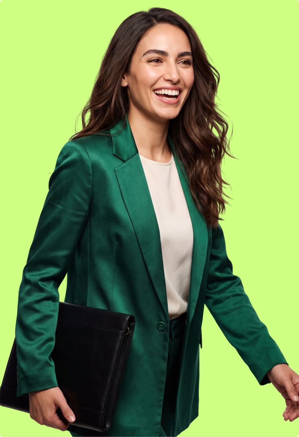 Smiling woman in a dark green suit holding a laptop against a lime green background — Flex brand photography