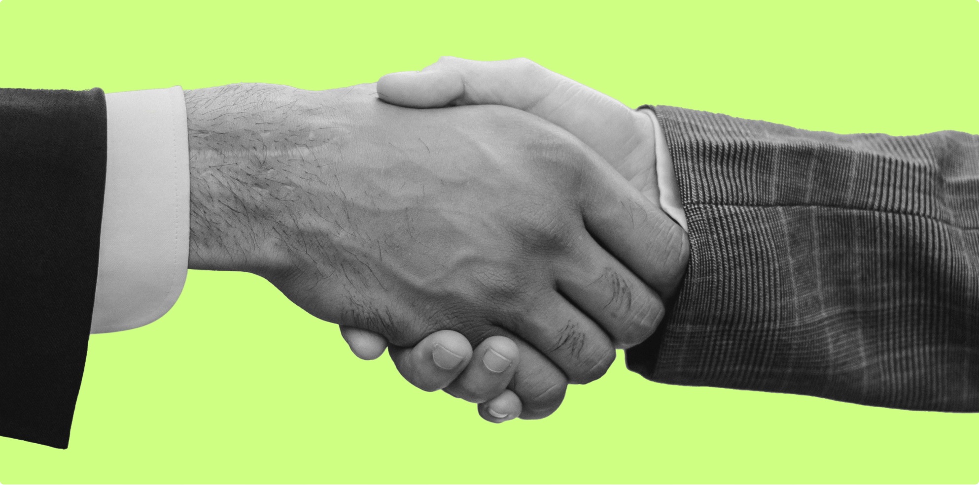 Black-and-white photo of a handshake on a lime green background
