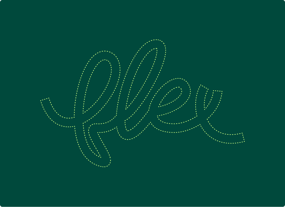 Flex handwritten wordmark drawn as a dotted outline on dark green